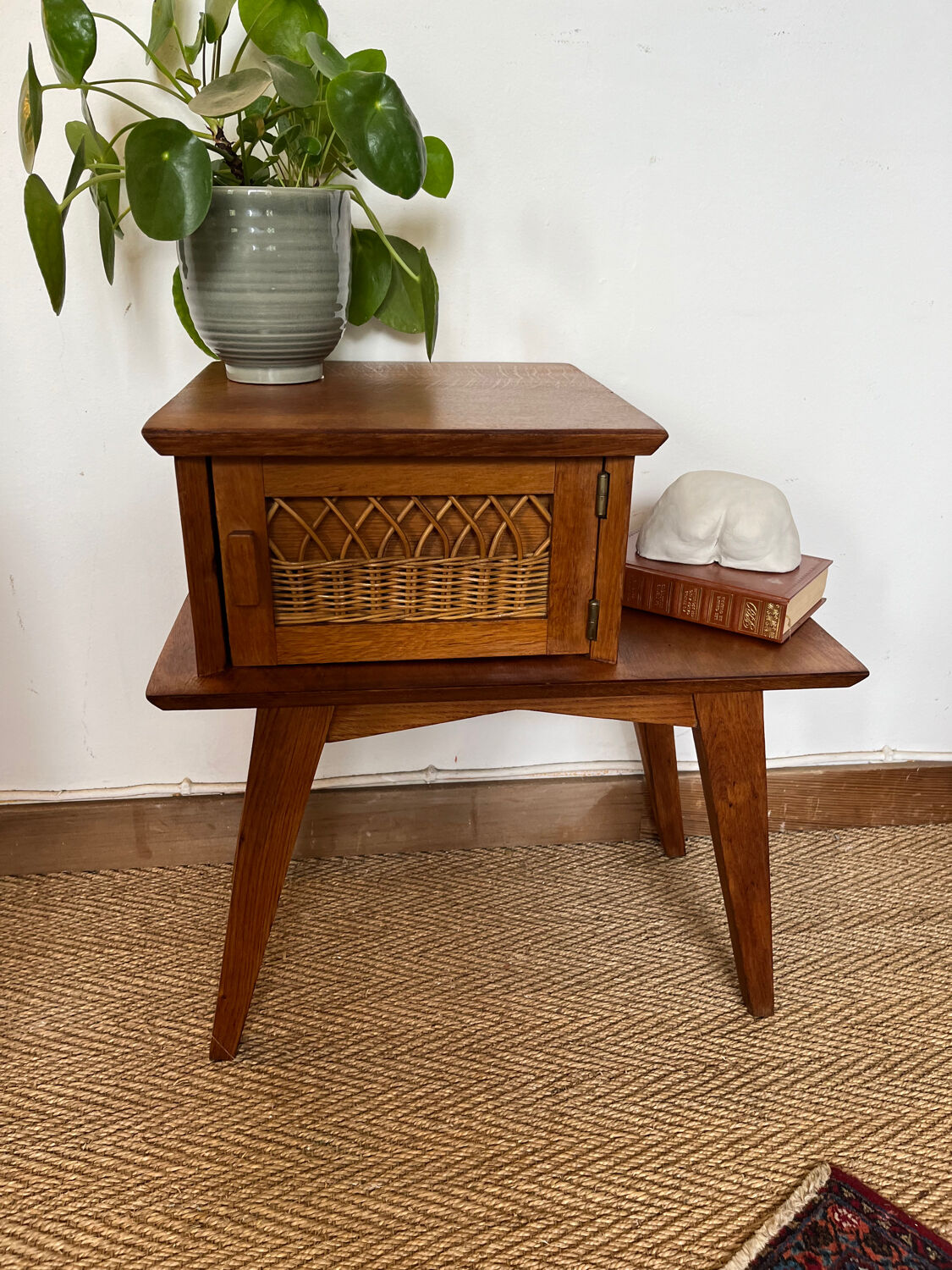 Table d’appoint table de chevet vintage bois pieds compas et rotin