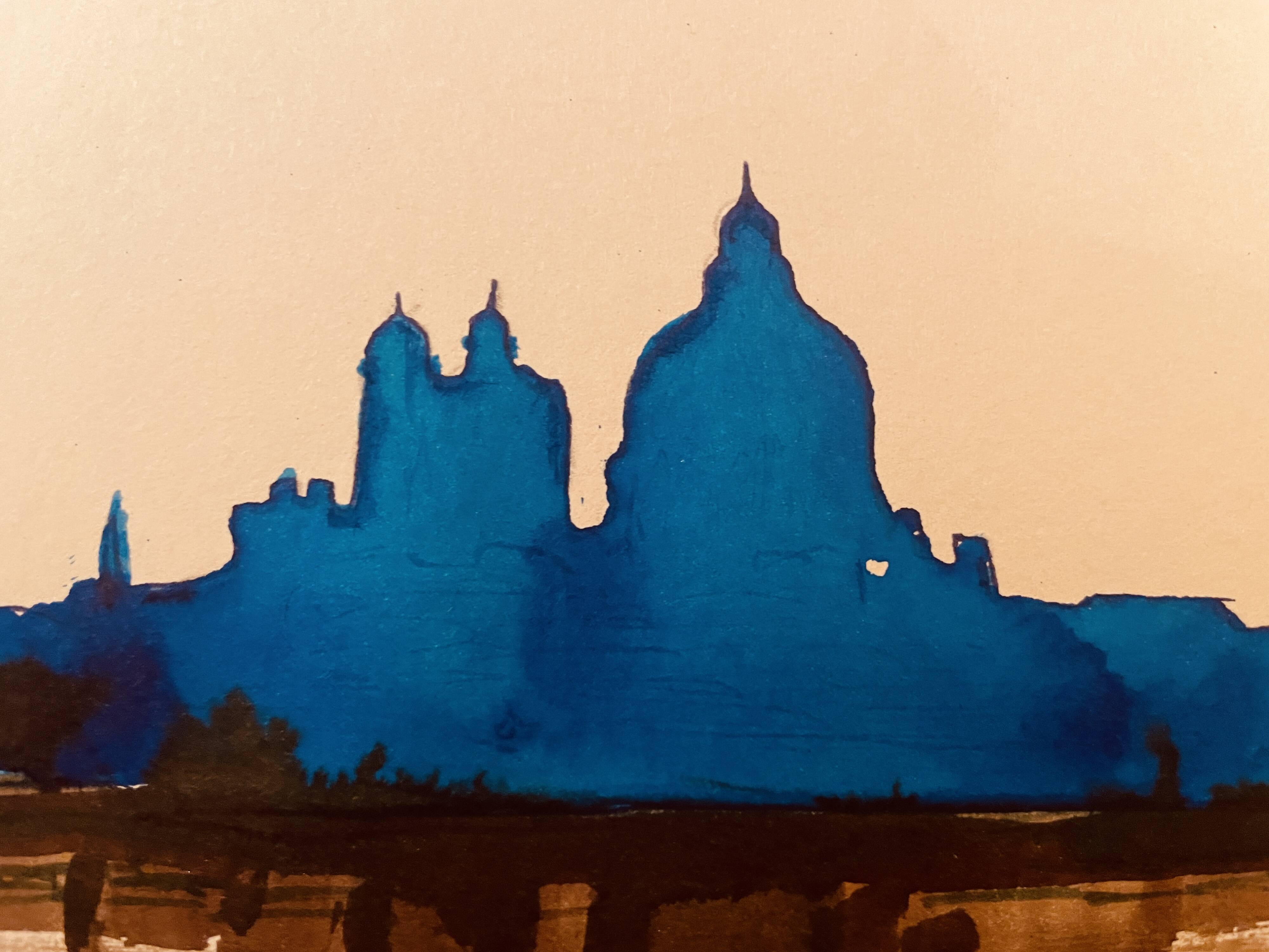Signed watercolour painting in two colours "Twilight over Venice"