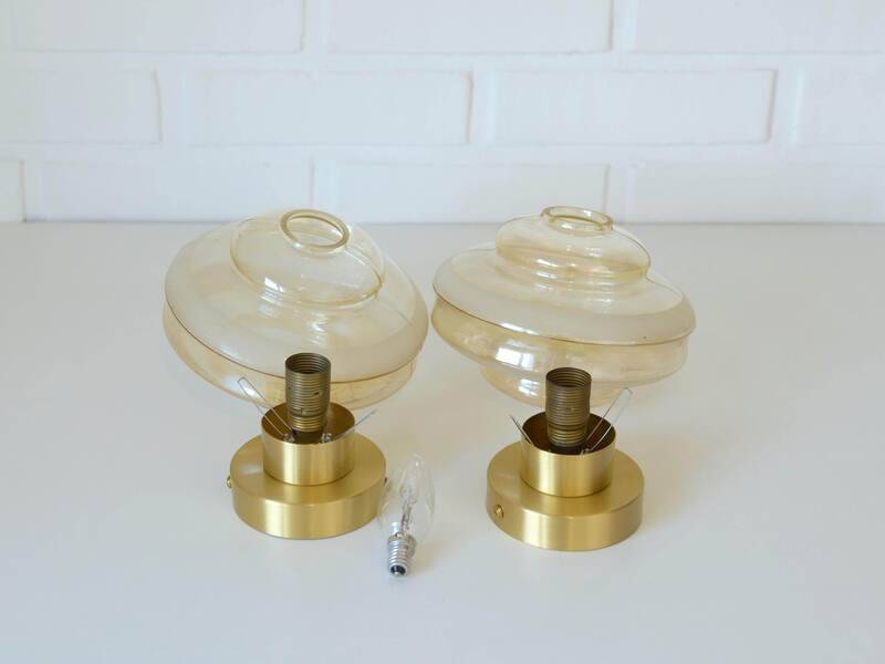 Set Of 2 Vintage Amber Glass Sconces MCM Brass Flush Mount Lights