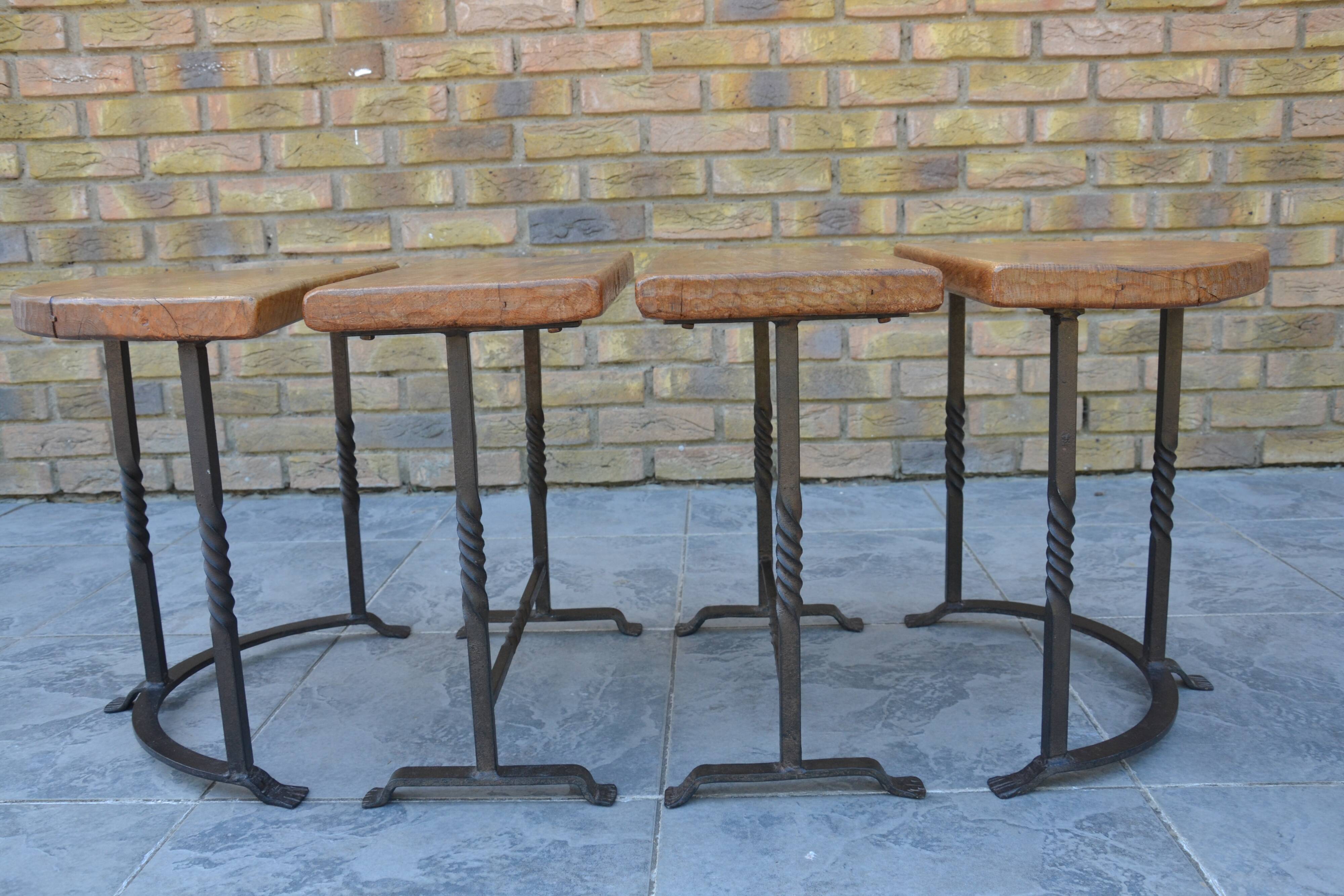 Unusual modular coffee table in oak and wrought iron.