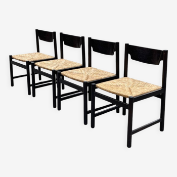 4 chaises de salle à manger vintage avec assise tressée en bois de wengé, années 1970