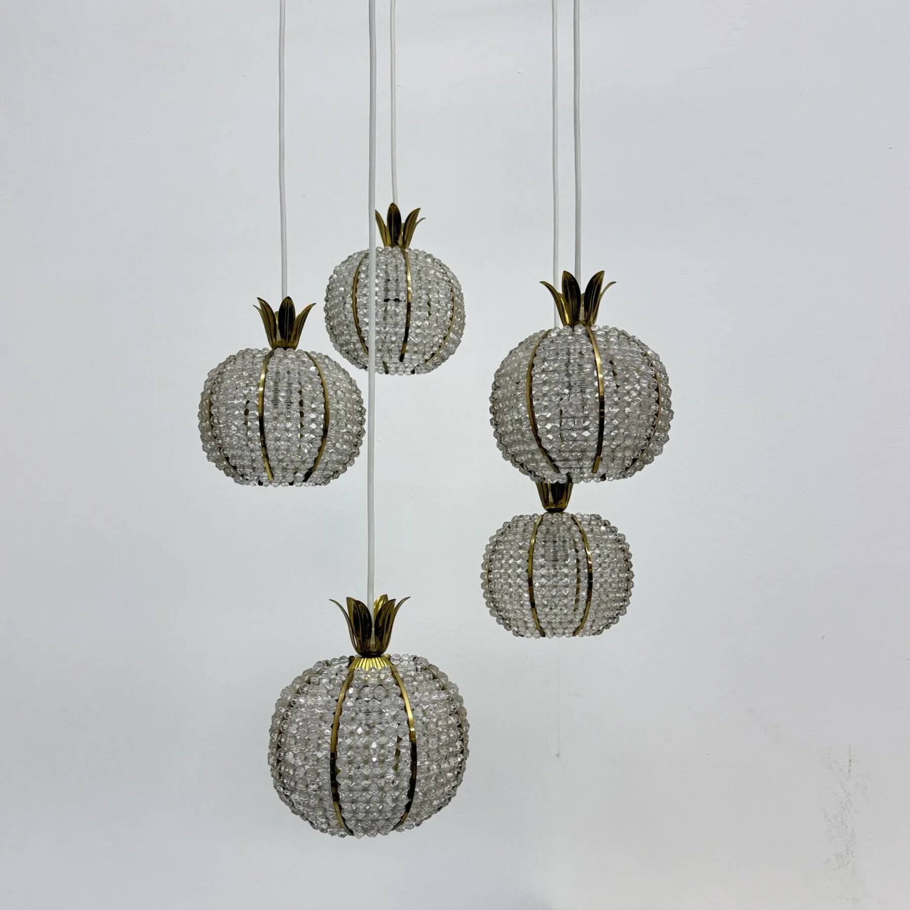 Rare pineapple design cascade hanging lamp with 5 balls by Emil Stejnar, 1950s