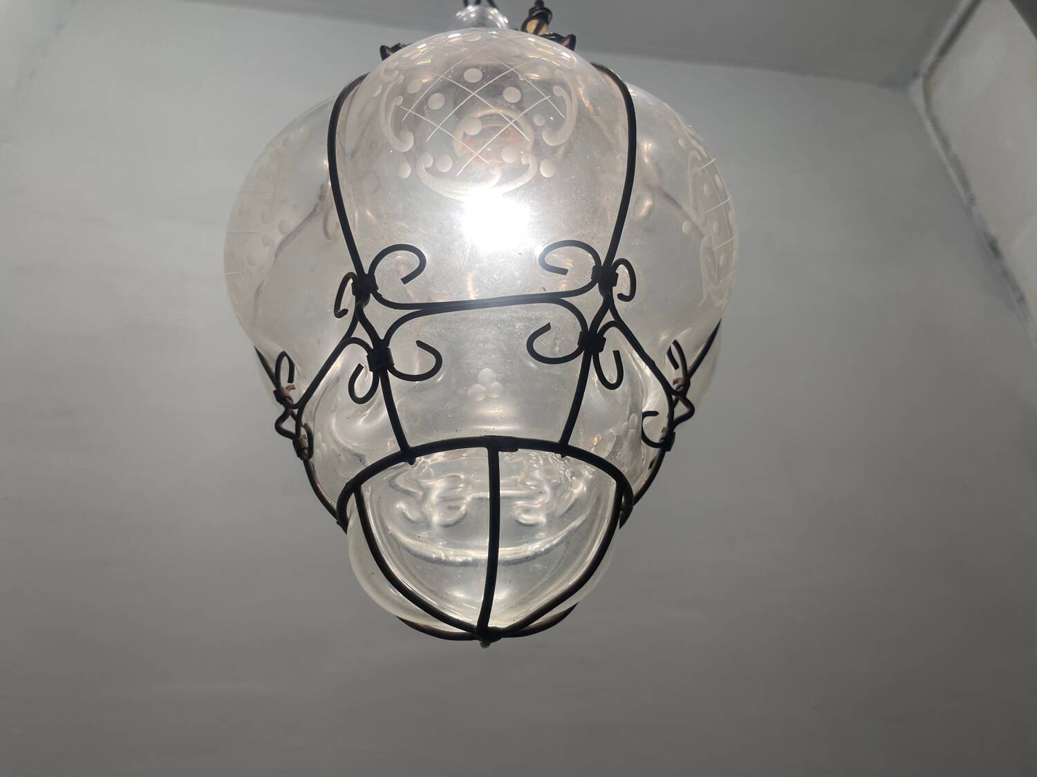 Wrought Iron Murano Glass Light Pendant 1950’s