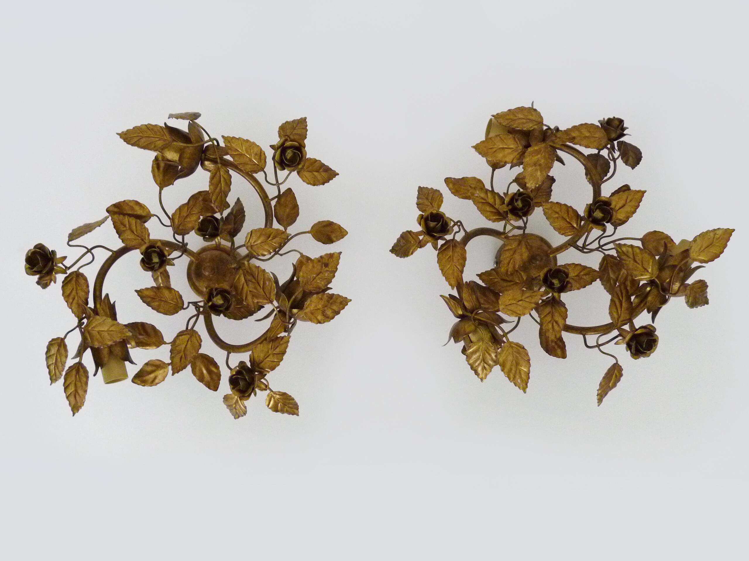 Pair of 3-light gold leaf and flower wall lights, Italy, 1970s-80s