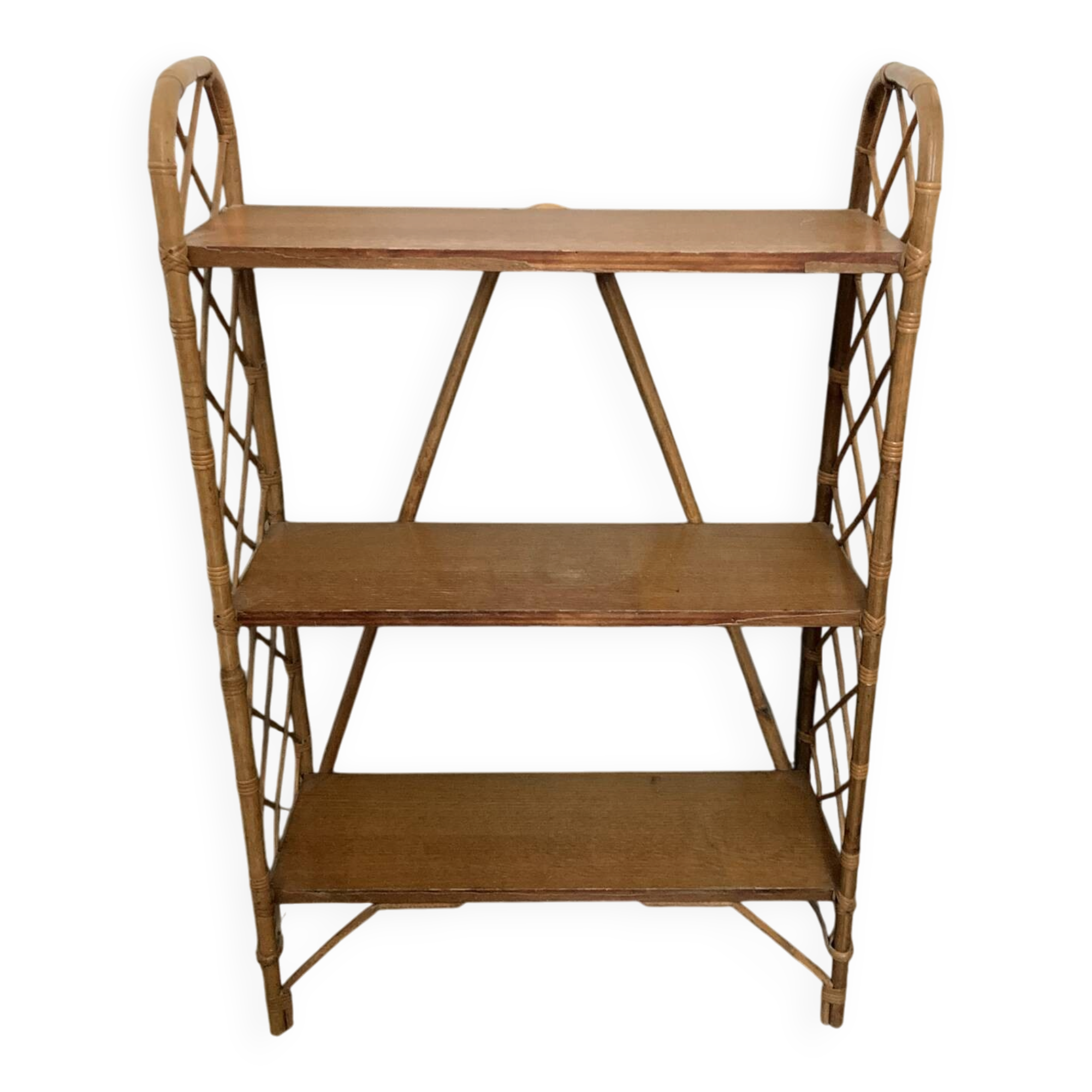 Vintage rattan shelf, library by Louis Sognot