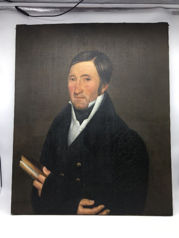 Tableaux signé,  portrait d’un gentleman au livre et à la boucle d’oreille:  XIX siècle
