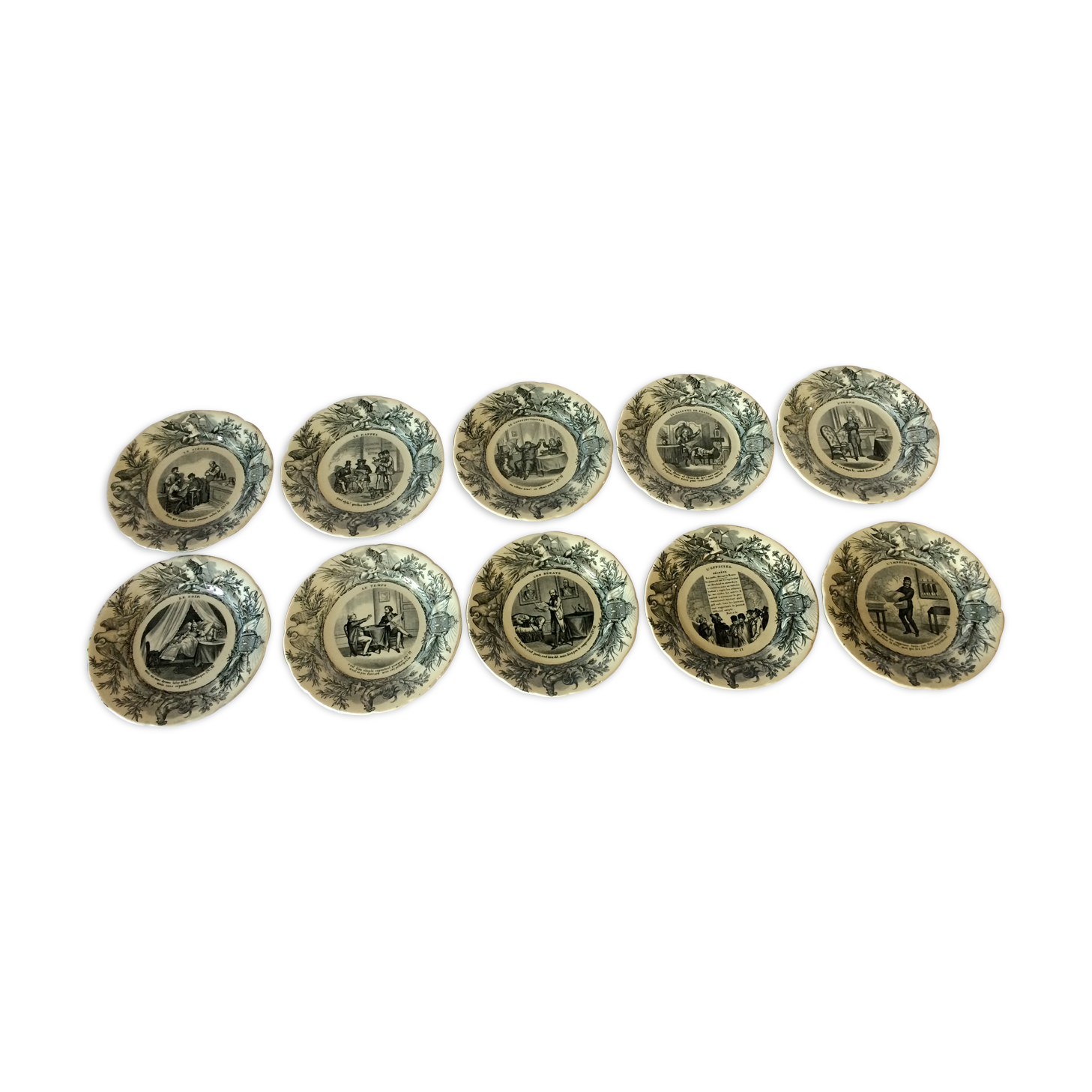 Série de 10 assiettes parlantes Choisy le Roi XIXe