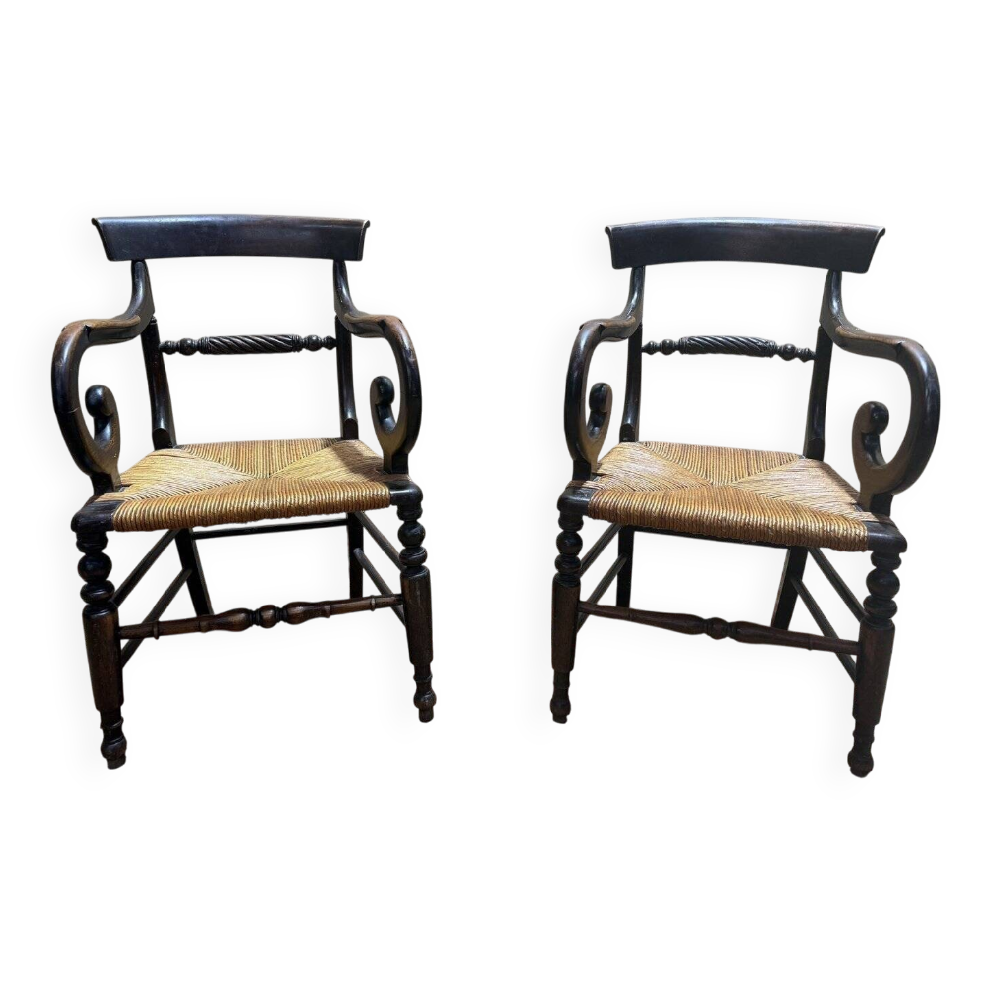 Pair of rustic straw-seated armchairs
