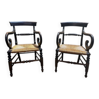 Pair of rustic straw-seated armchairs