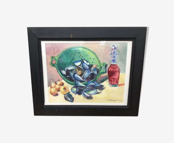 Tableau ancien nature morte aux moules des années 1950