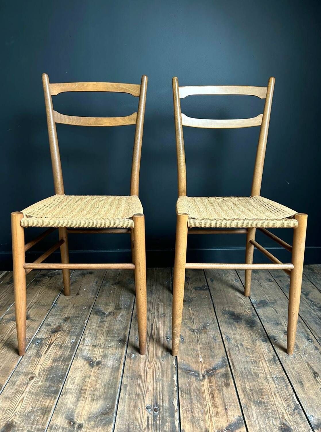 Pair of vintage chairs with rope, antique seating furniture
