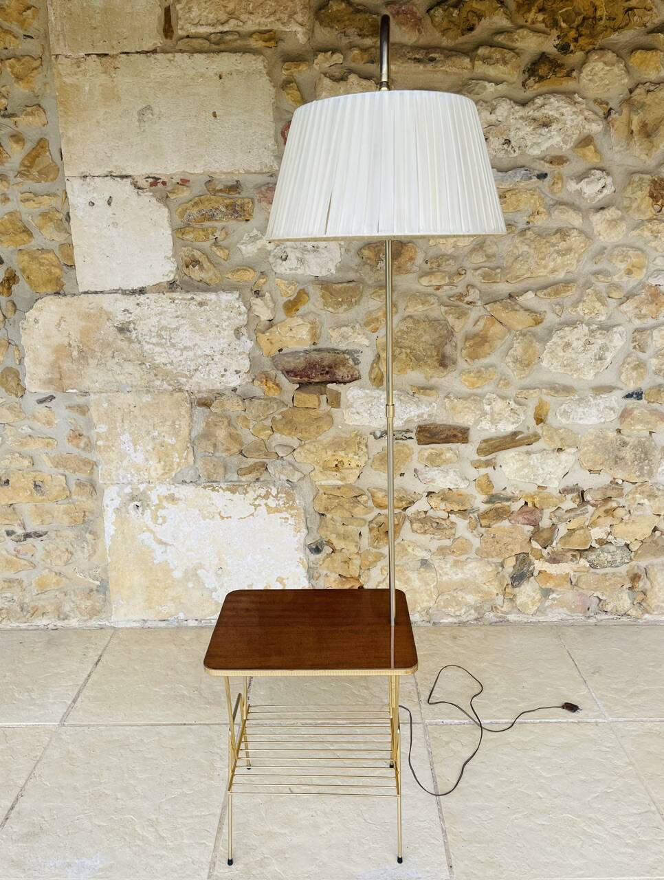 Vintage articulated floor lamp with shelf and magazine holder 1960s