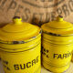 6 spice jars yellow and black enamelled sheet metal, fireplace pot