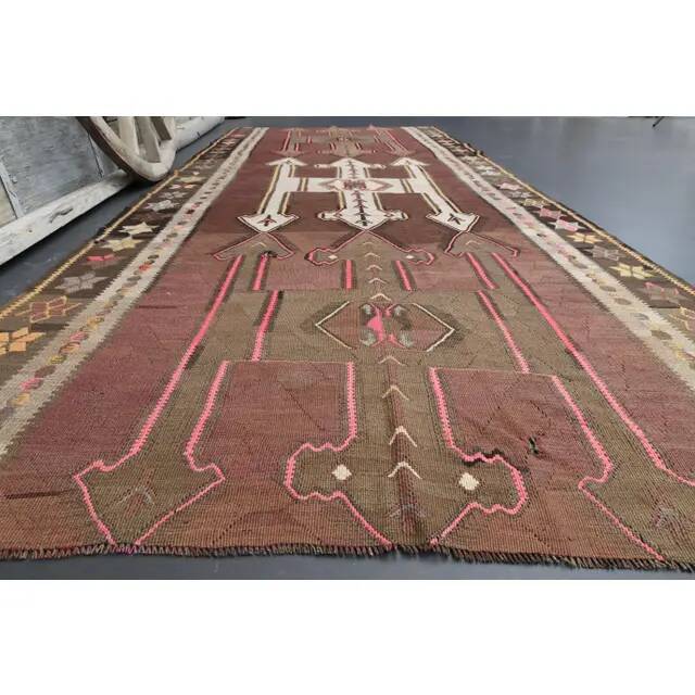 Vintage Turkish Oushak handmade wool cotton brown runner rug 168x395