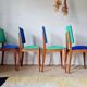 Series of velvet Scandinavian chairs - green and blue.