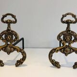 Pair of neoclassical andirons in bronze and wrought iron