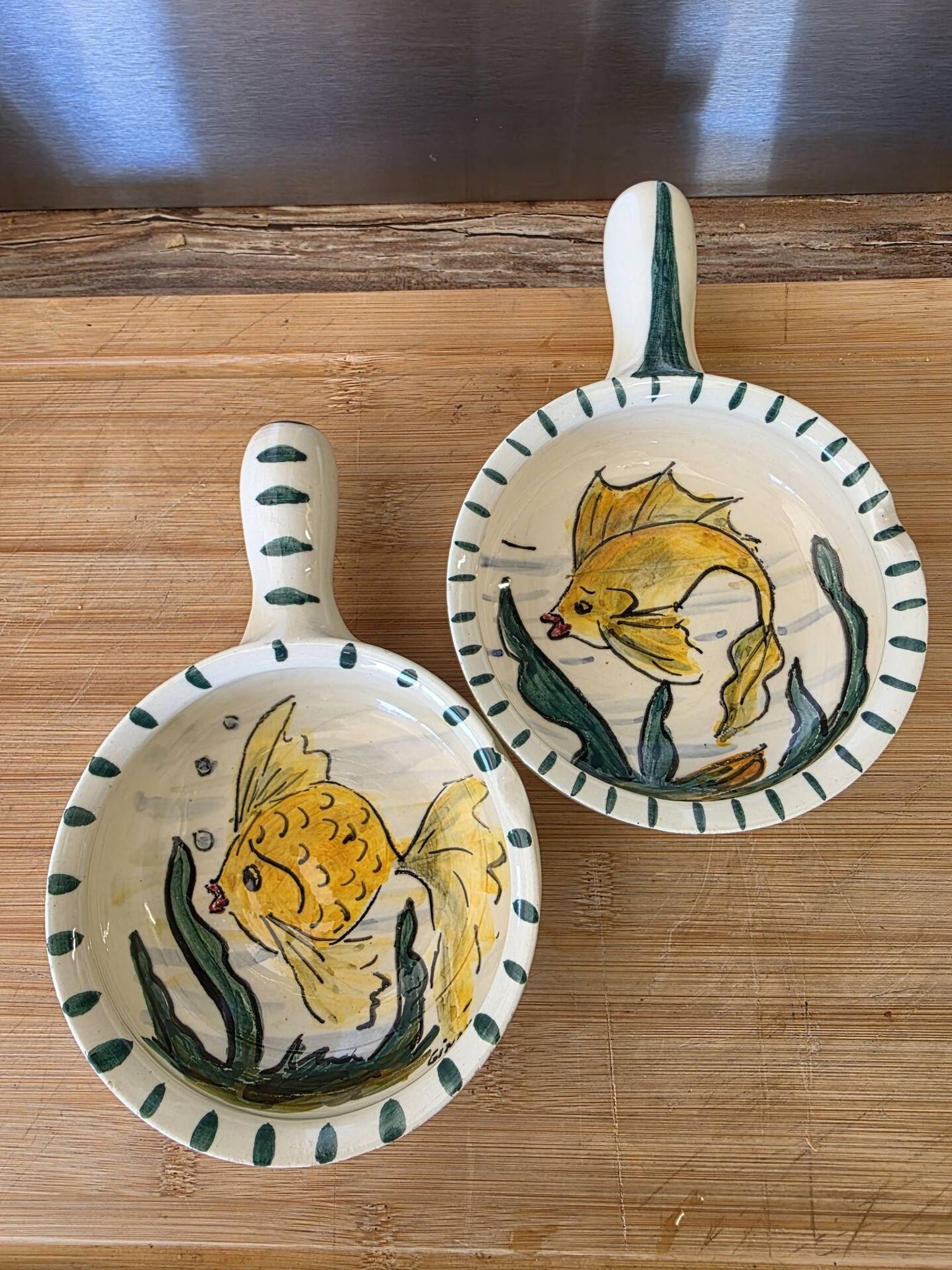 Pair of ramekin bowls fish Vallauris vintage Rubino