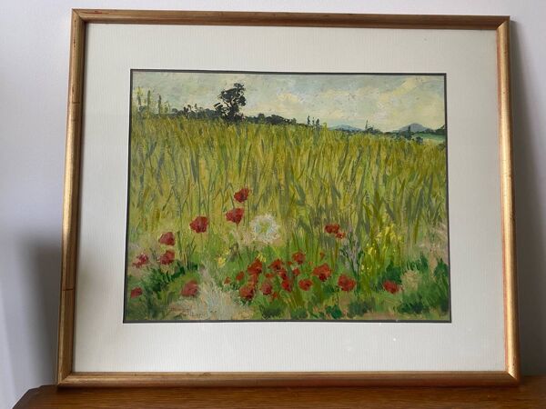 Tableau huile sur papier marcel juillard champs coquelicot cadre bois