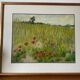 Oil painting on paper by marcel juillard, poppy fields, wooden frame