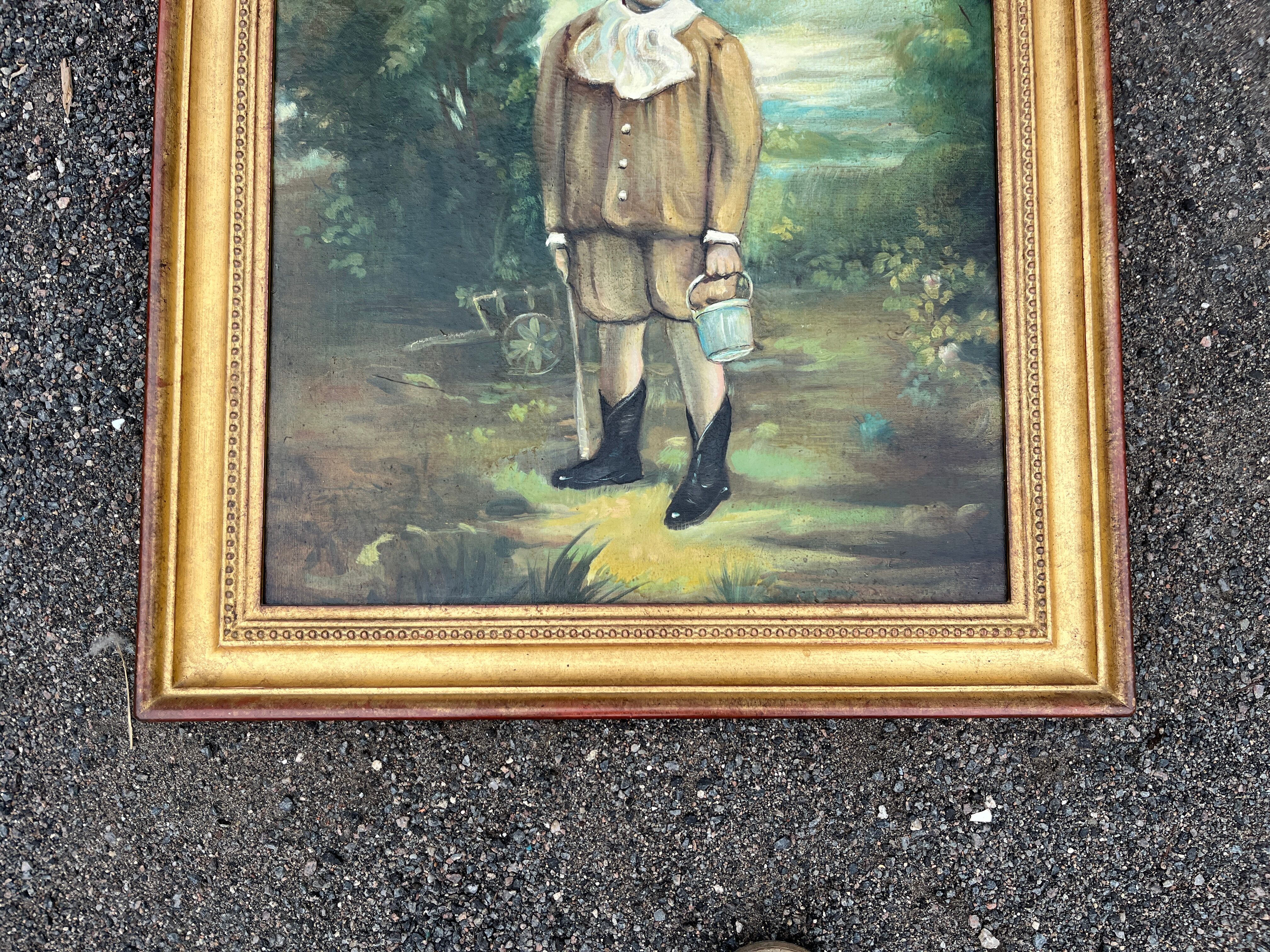 Tableau, huile sur panneau encadrée, portrait enfant au jardin style anglais, XIXe