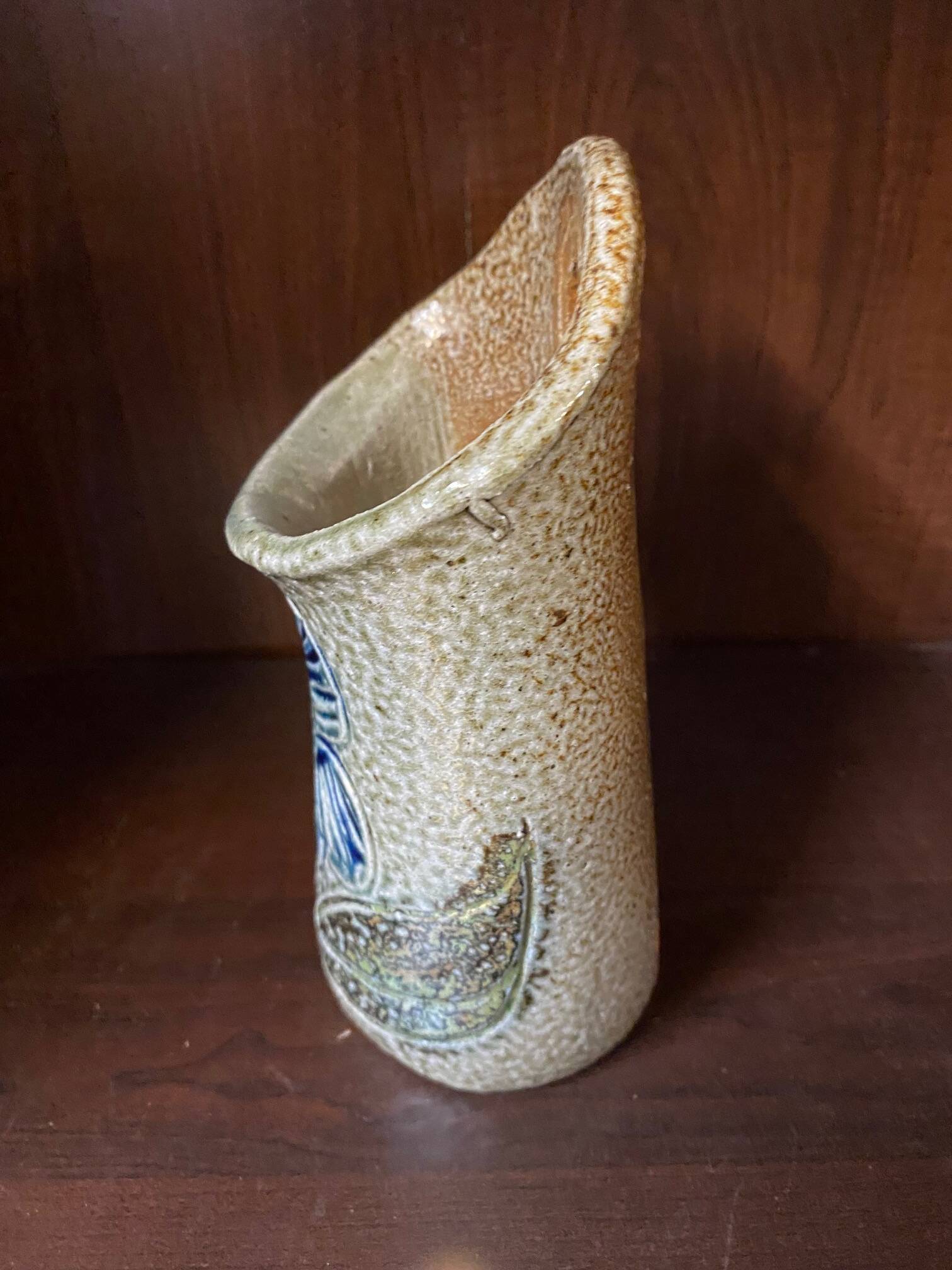 Salt stoneware vase signed jean claude monange blue flower place or hang