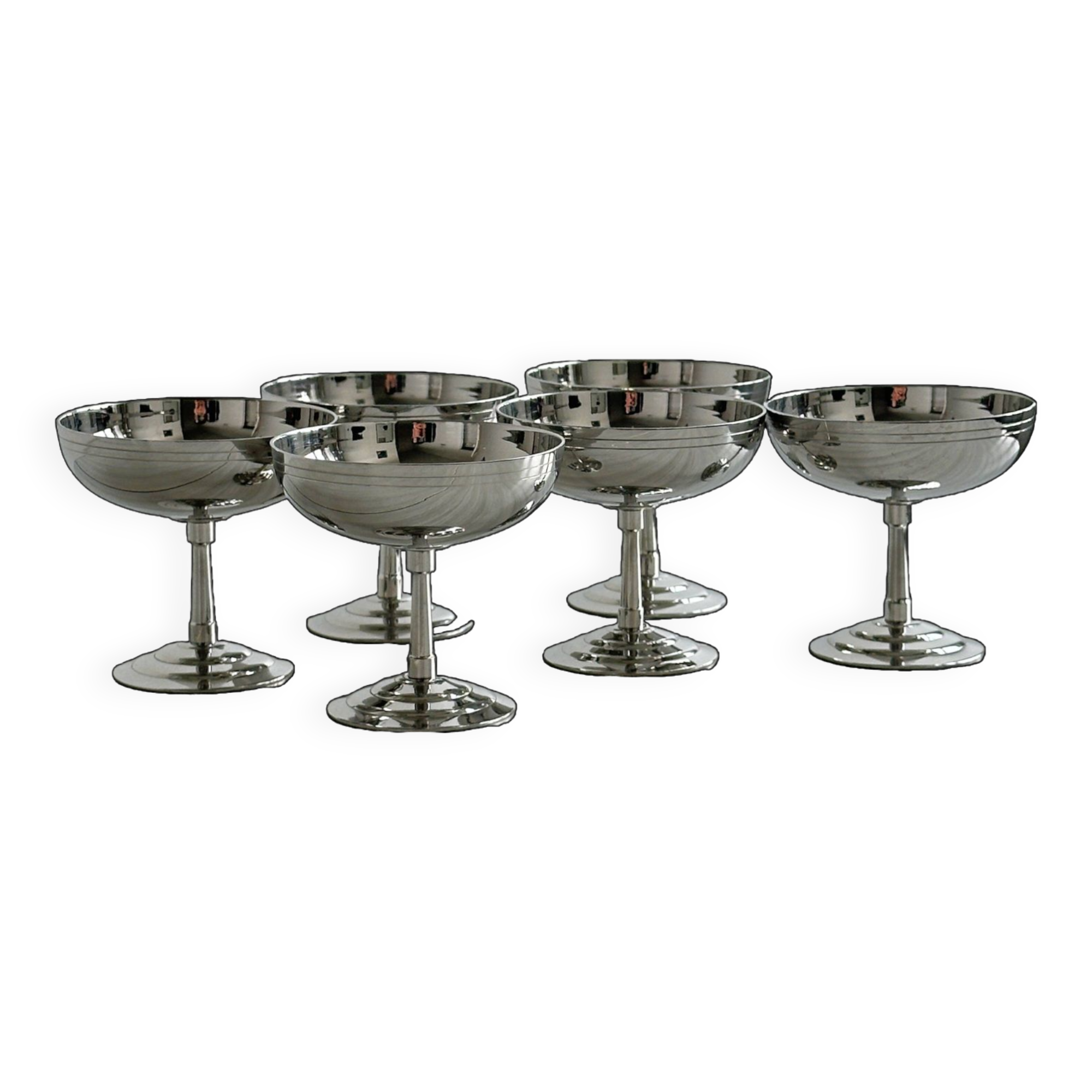 6 stainless steel standing cups, Letang Remy, France.