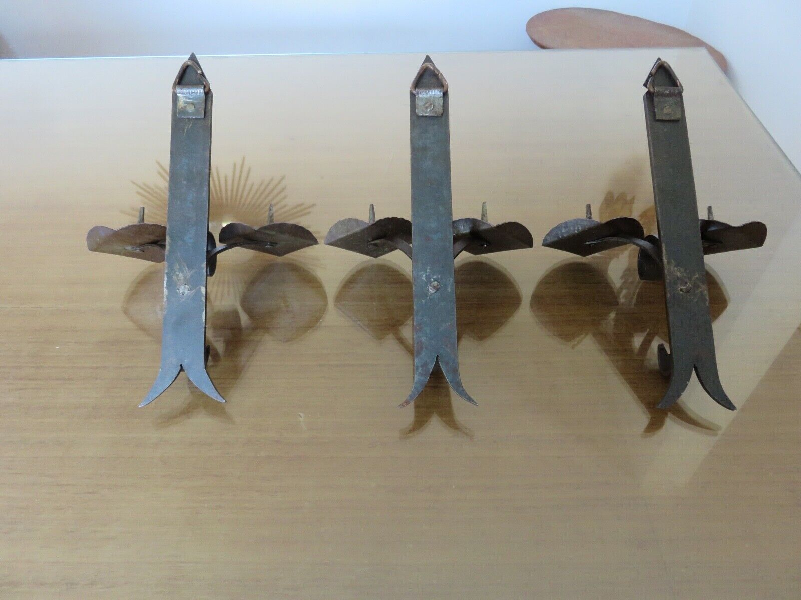 Series of 3 brutalist double wall candle holders in wrought iron beaten 40 years 50