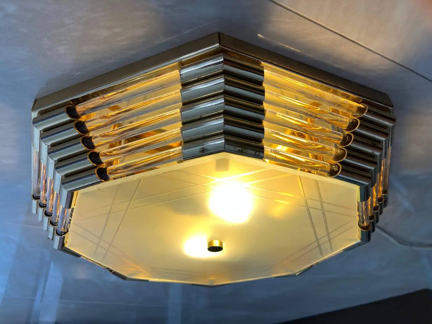 Midcentury brass/glass ceiling lamp/flush mount or wall lamp, 1960s