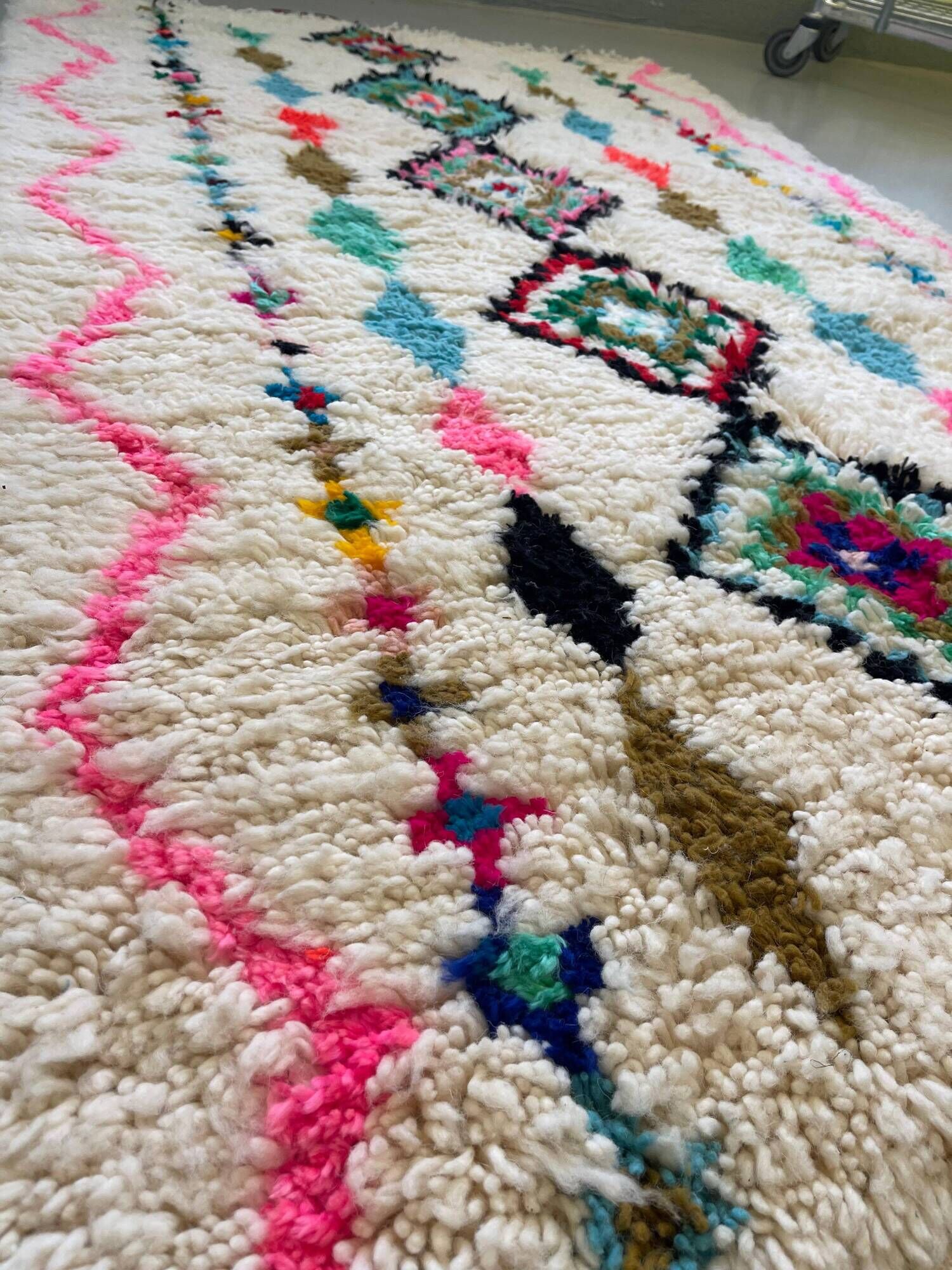 Moroccan Berber rug in ecru with multicoloured diamonds and bright pink – 240 × 139