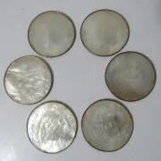 set of 6 vintage mother-of-pearl and brass coasters