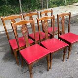 6 Art Deco dining chairs in solid wood and burgundy leather, 1950s