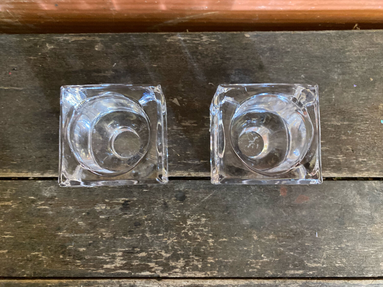 Pair of Modernist Cube Design Candle Holders Moulded Glass 1970s Vintage