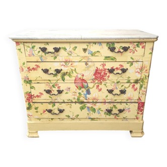 Commode vintage à décor oiseaux & fleurs – Plateau marbre – Papier collé