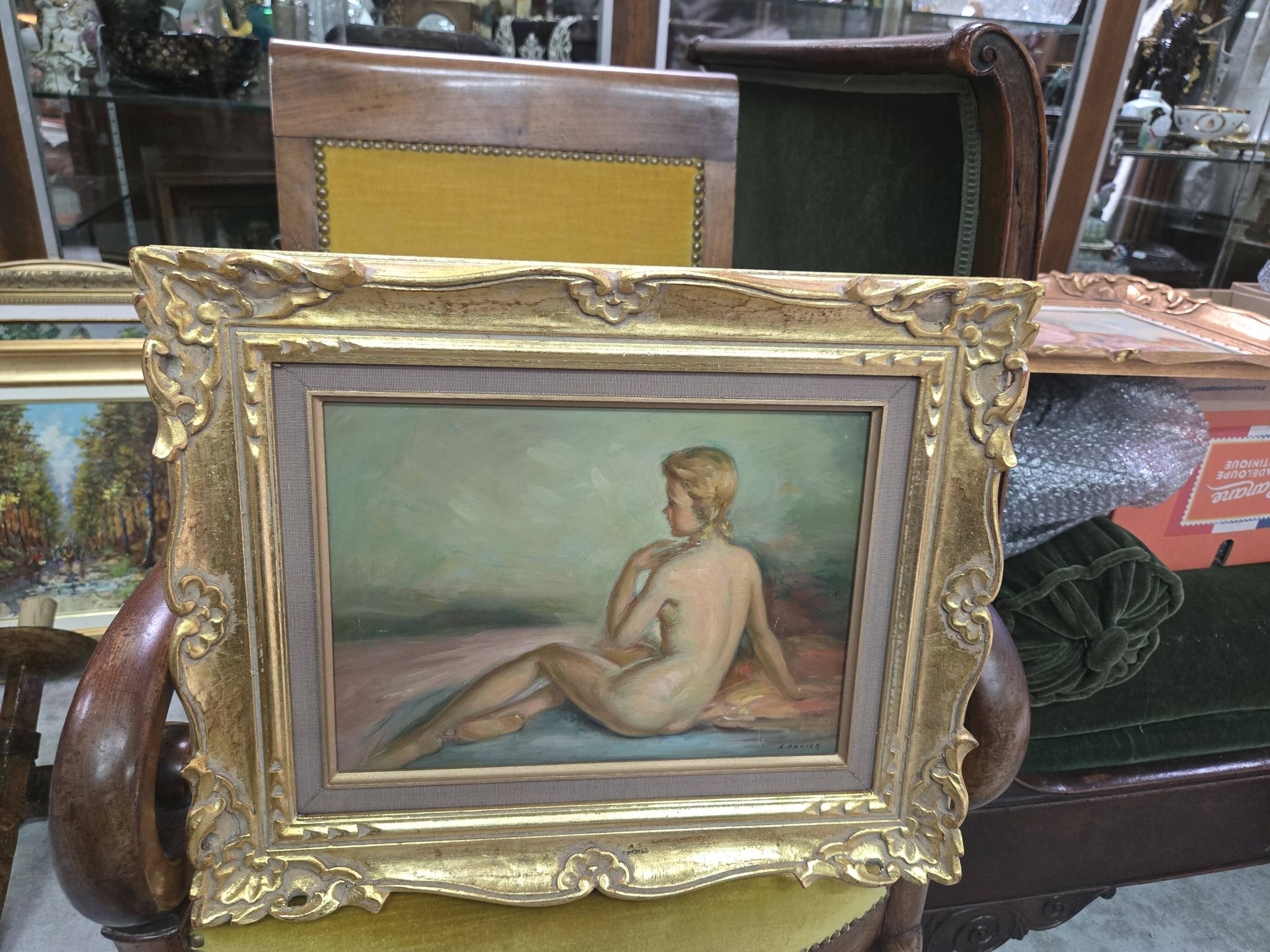 A Boyer: Oil on panel depicting a seated female nude from behind.