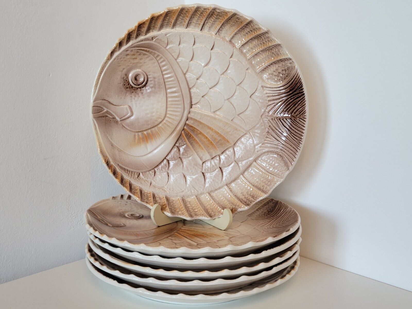 6 flat plates fish décor in slurry Sarreguemines vintage