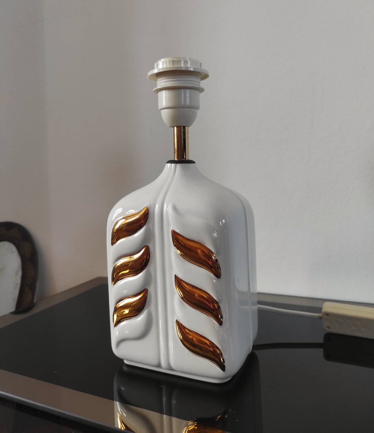 Vintage lamp base, white and gold ceramic, 70s.
