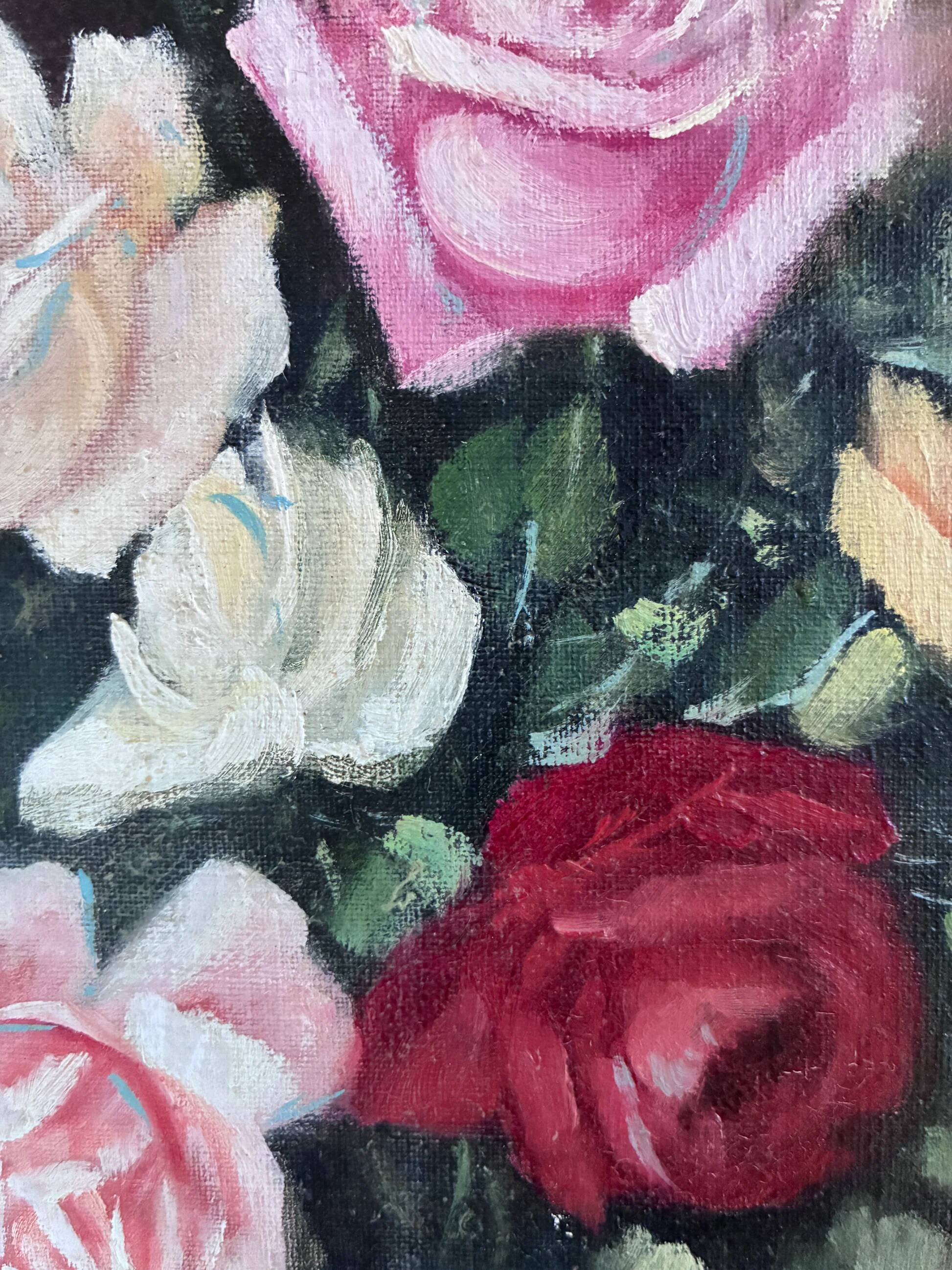 Vintage original floral rose oil painting, signed flower art
