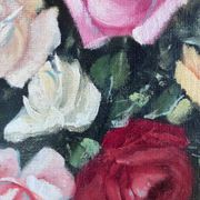 Vintage original floral rose oil painting, signed flower art