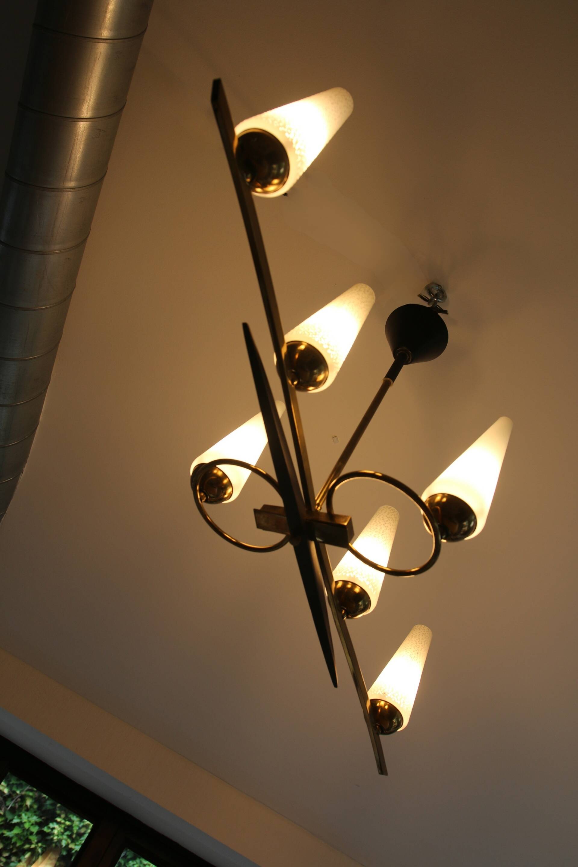 Mid-Century 6-Light Chandelier - Opaline and Brass