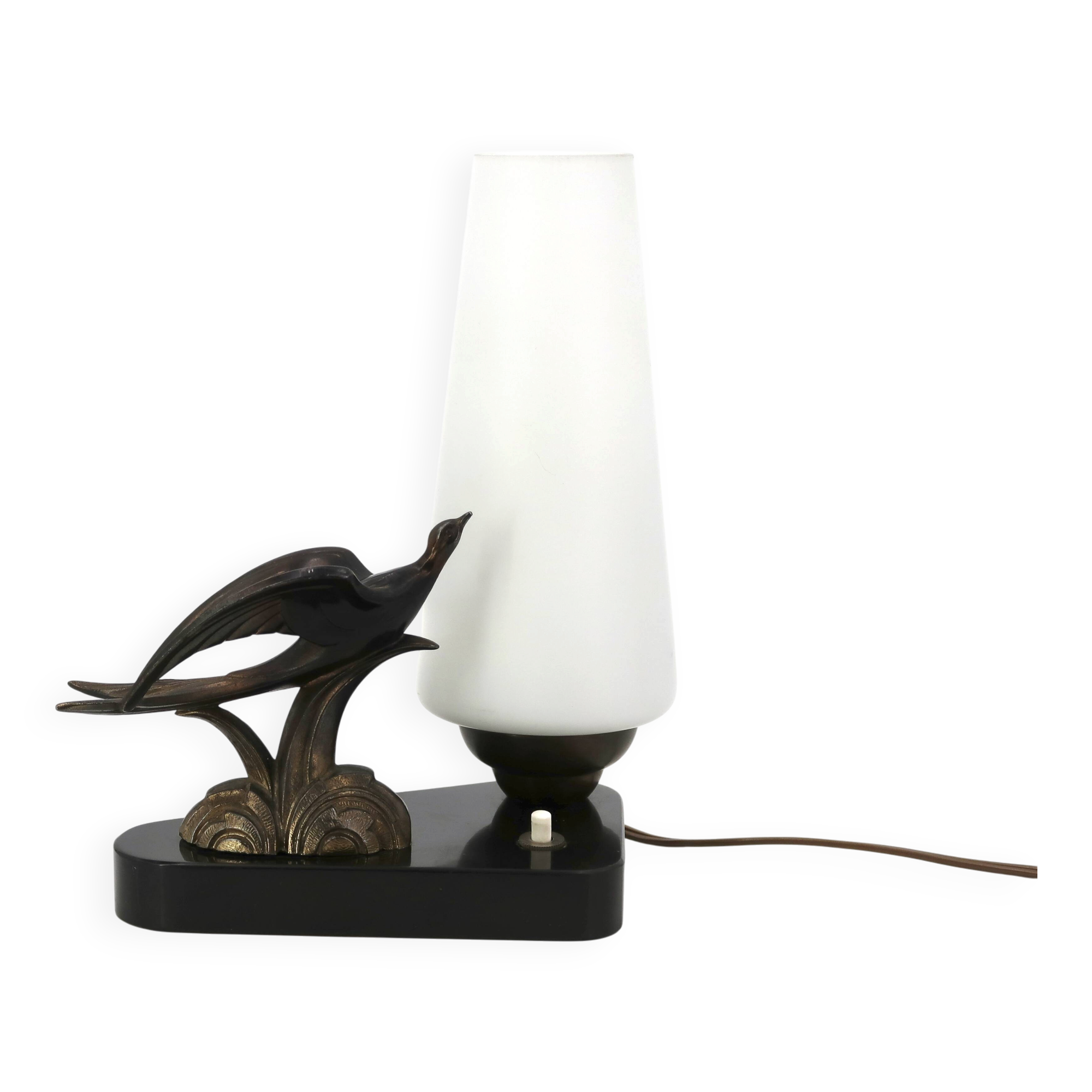 Art Deco lamp with swallow sculpture, marble base, opaque white globe.