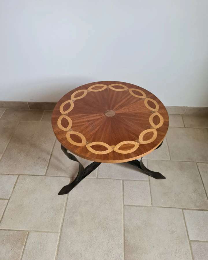 Marquetry and wrought iron coffee table