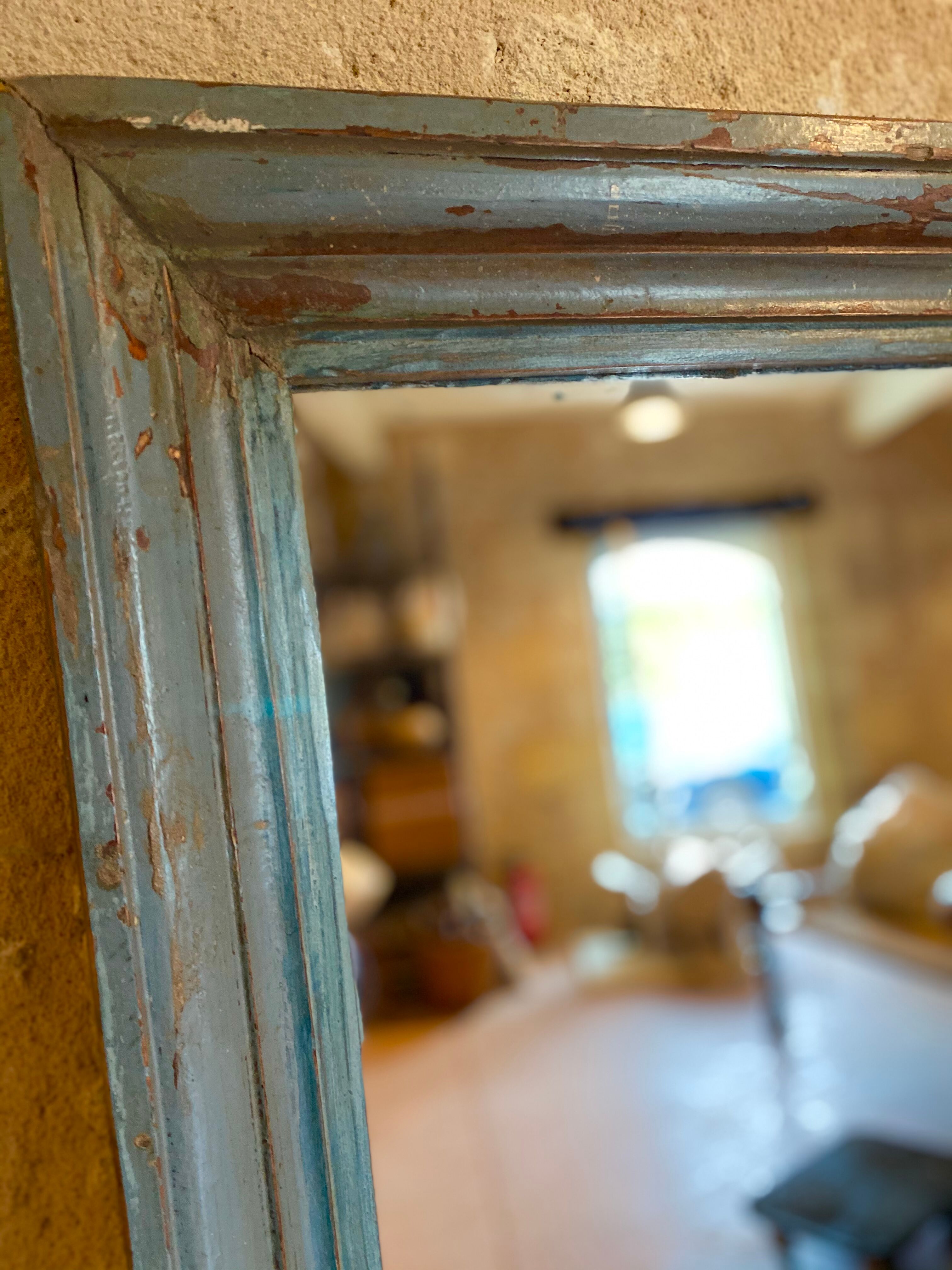 Mirror in old grey blue laqué wood frame 90x150cm