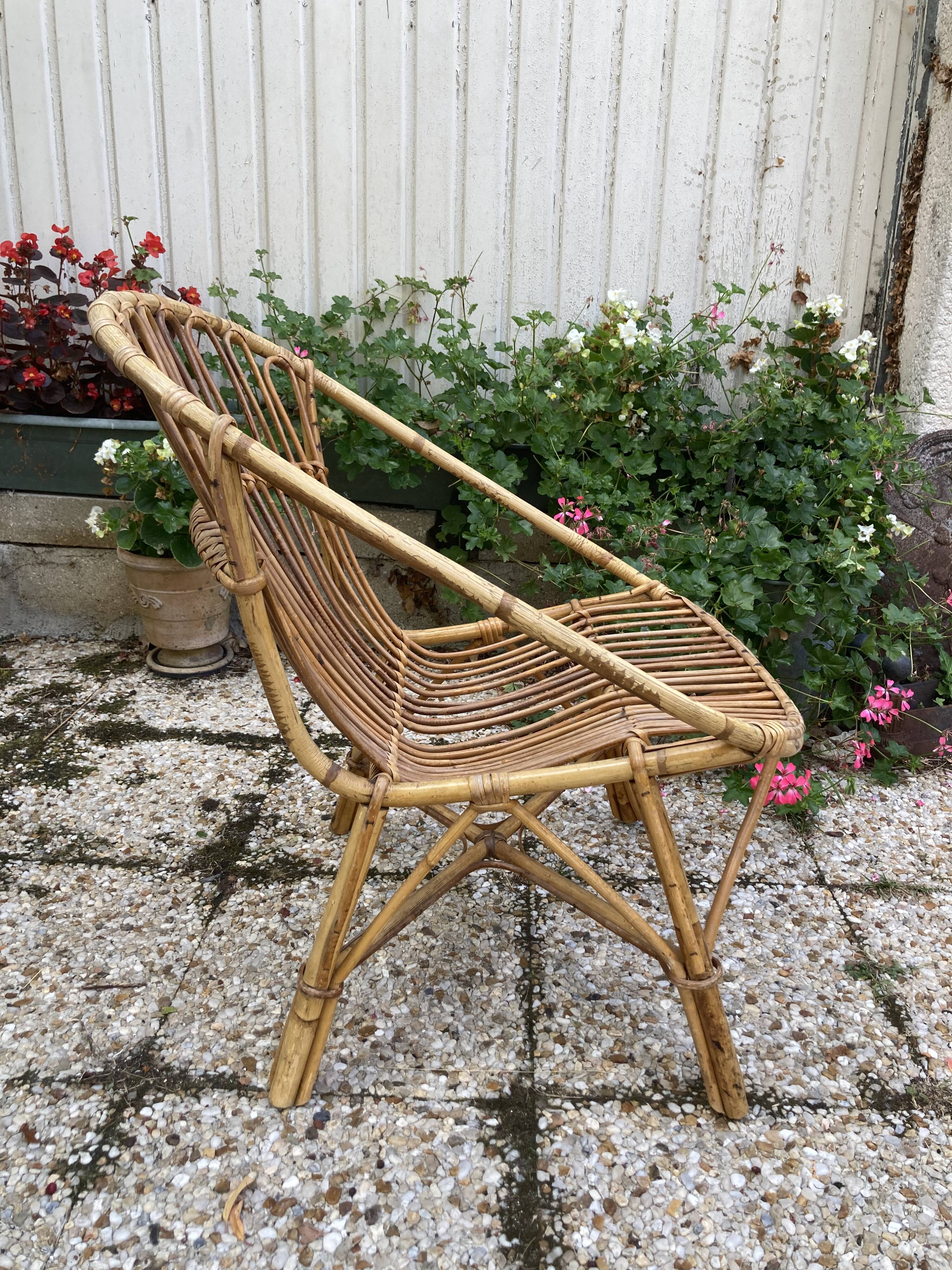 Set of 3 vintage rattan armchairs