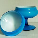 Covered pot on foot in vintage blue opaline