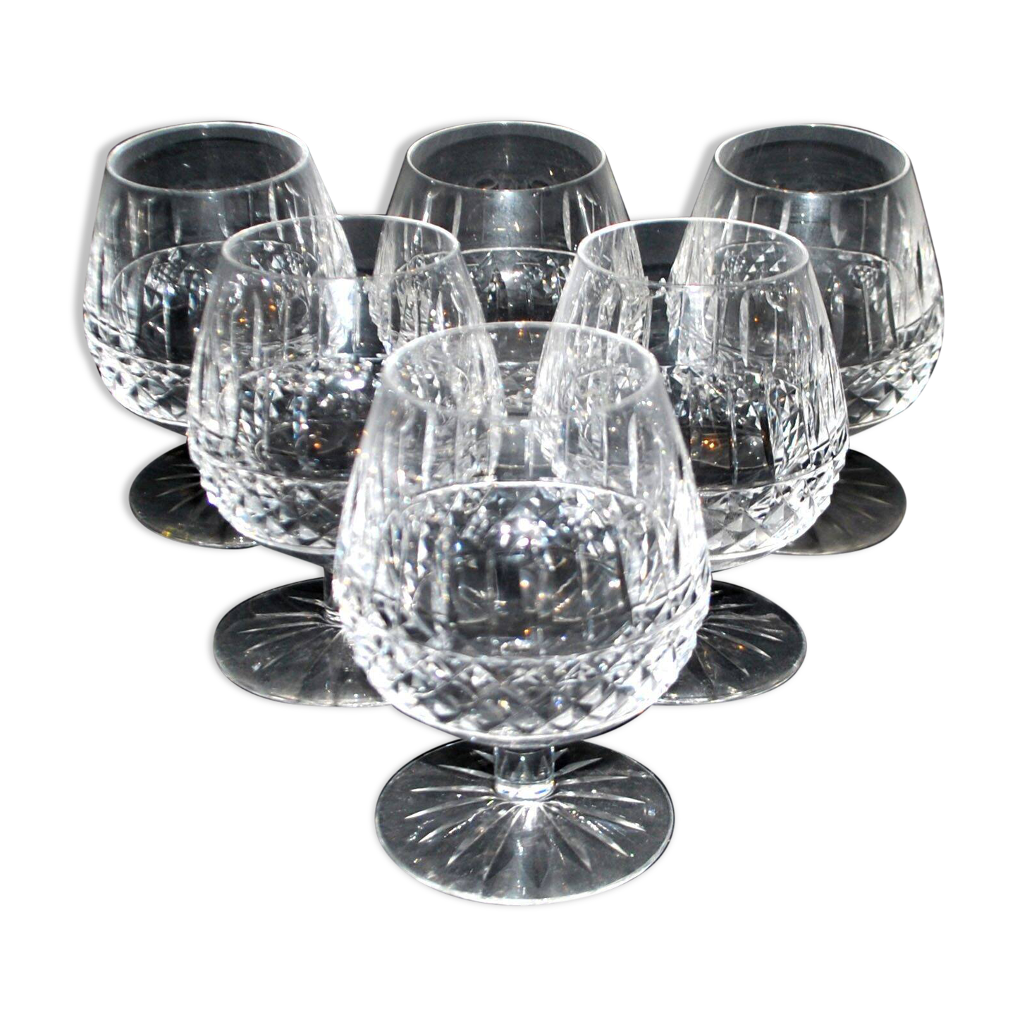 Lorraine crystal cut cognac glasses set of 6 in the style of Tommy Lemberg.