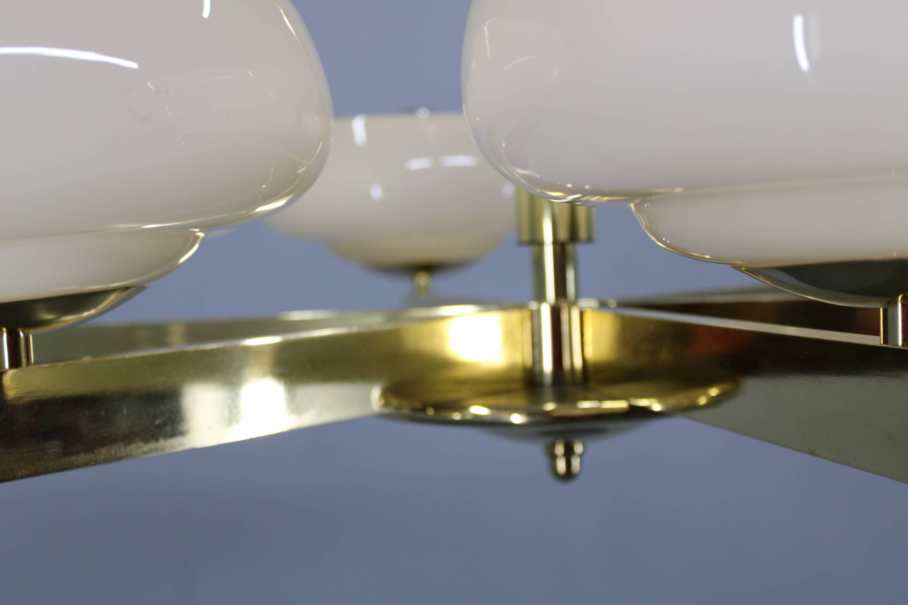 Art Deco brass chandelier with opaline glass, Czechoslovakia, 1930s