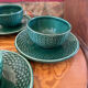 Set of 4 green ceramic coffee cups and plates