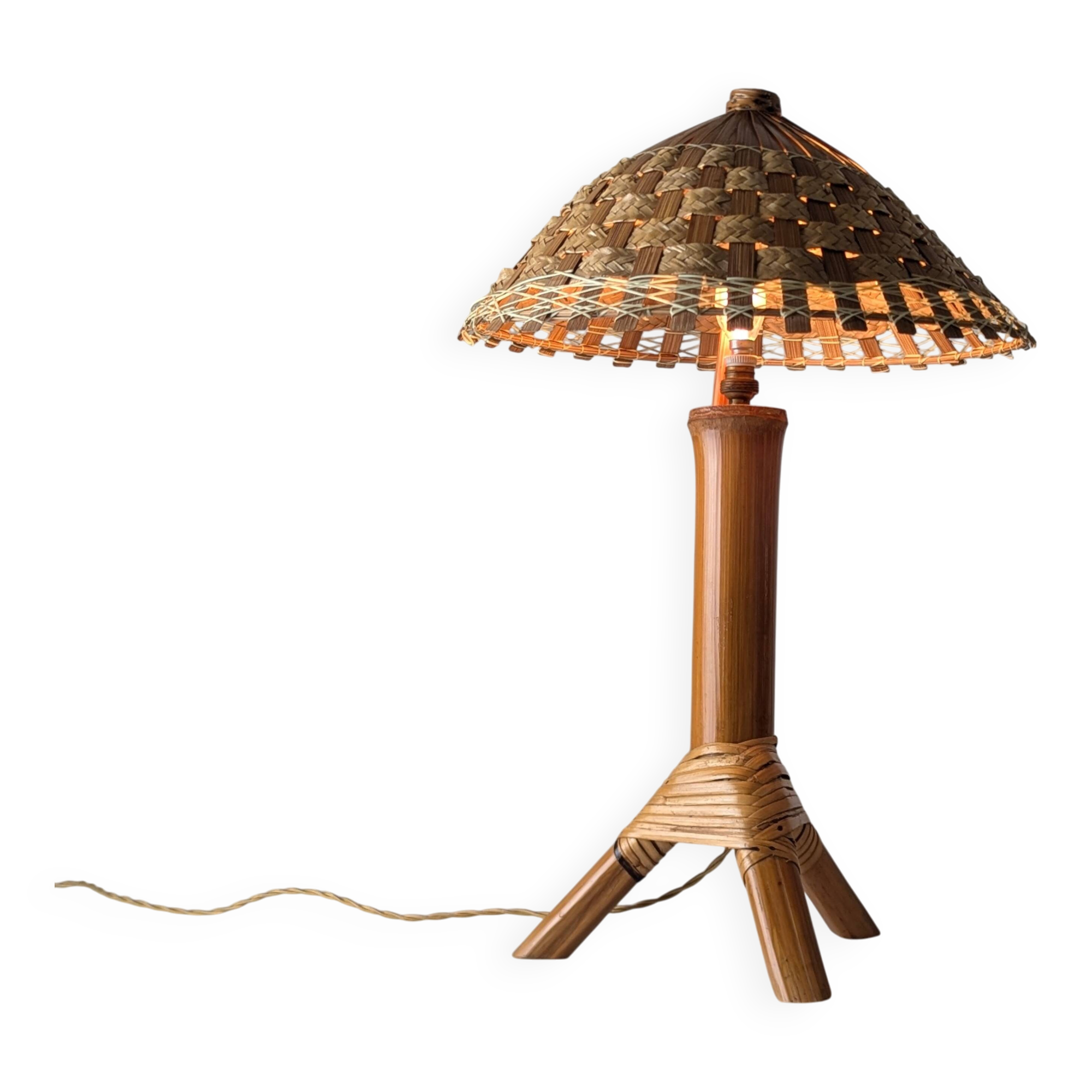 Bamboo and rattan table lamp with woven shade, 1950s