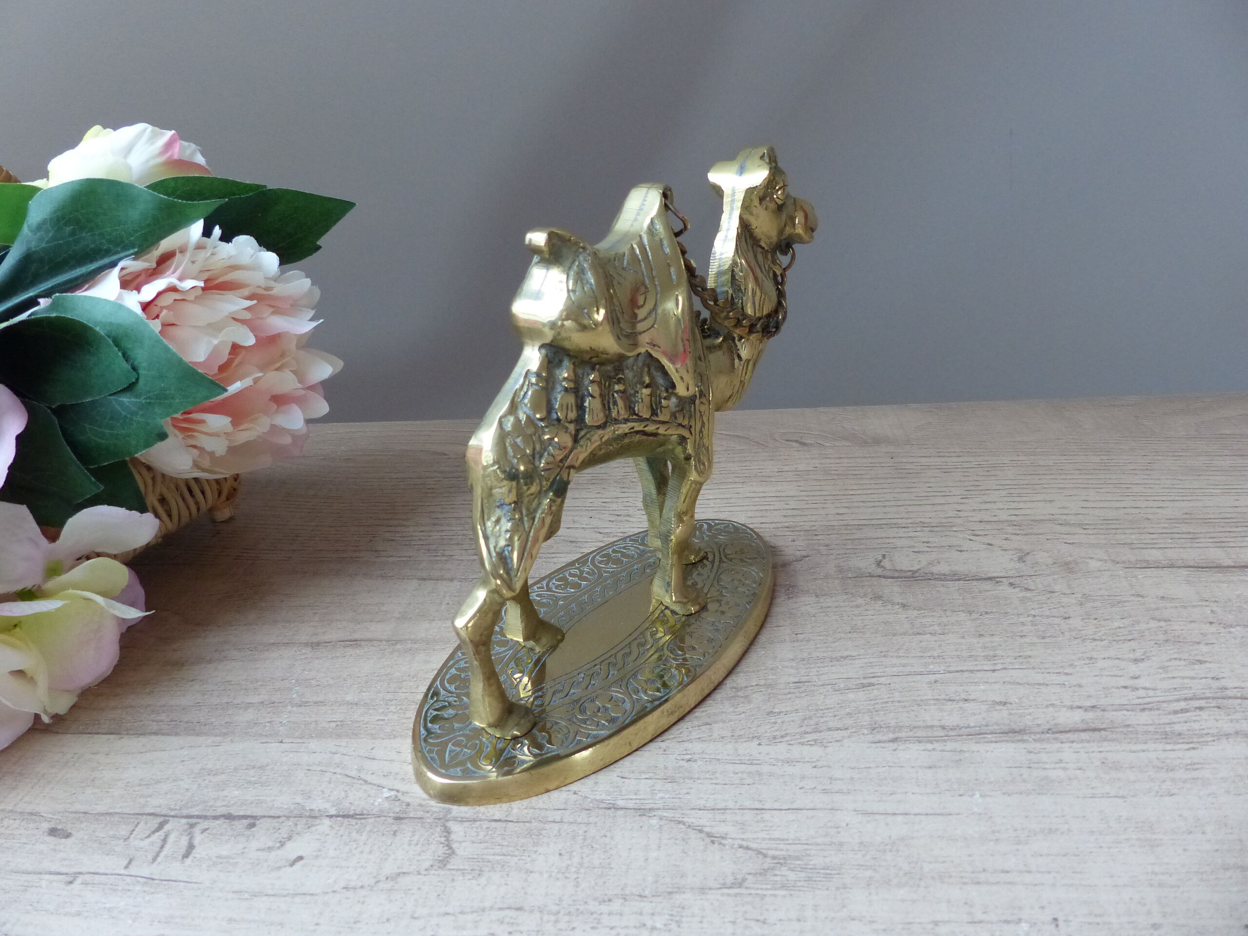 Sculpture brass camel figurine on pedestal vintage