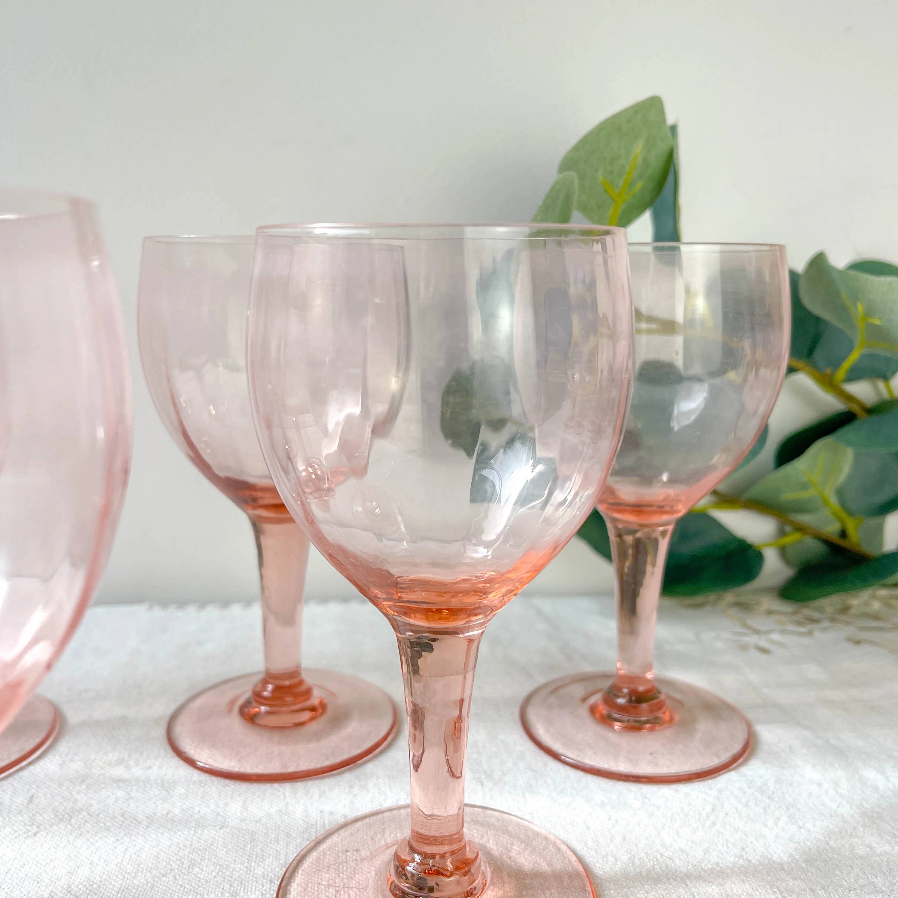 7 vintage pink faceted glass water glasses from the 1950s